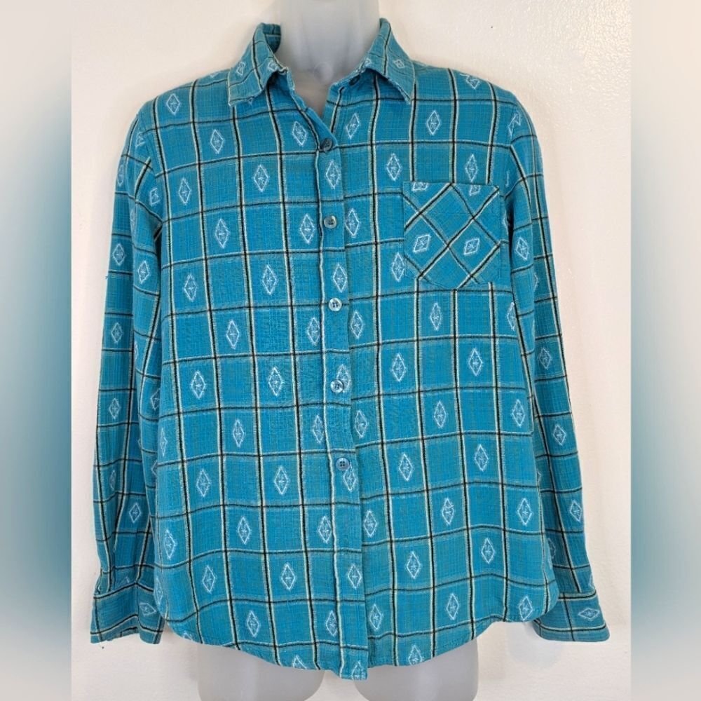 VTG Roughrider Teal Diamond Rodeo Cowboy Countryside Western Desert Button Up L
